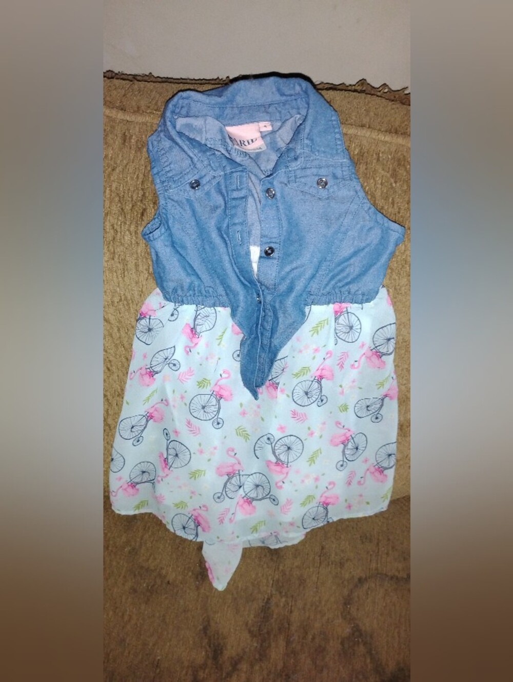 Denim-Top Flamingo & Bicycle Print Girls Dress